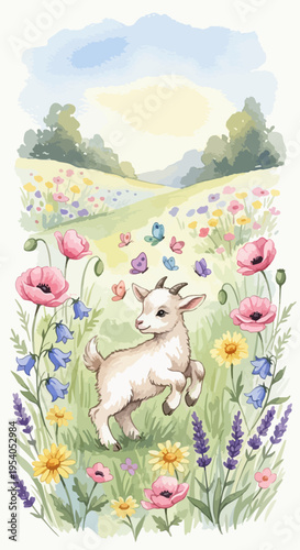 Playful baby goat prancing through colorful spring meadow, surrounded by blooming poppies, lavender, and bluebells. Whimsical baby goat illustration with butterflies fluttering, creating joyful,