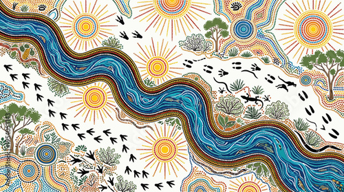 Vibrant dot painted landscape with river, suns, trees, and wildlife in australian style