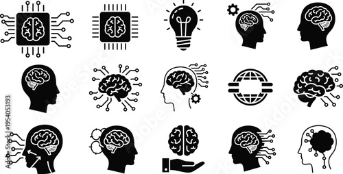 Artificial intelligence and human brain icons, digital technology symbols for machine learning and neural networks isolated on white background.