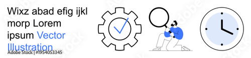 Productivity, time tracking, goal setting, business analysis, efficiency, workflow management. Gear with checkmark, person with magnifying glass and clock. Productivity and time tracking concepts