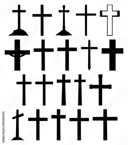 Christian cross silhouette set with stylized minimal silhouette design featuring religious symbol, faith icon, iconography with line art and black and white
