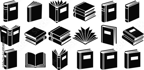 Book icon collection with open and closed covers, black silhouette literature symbols for library and education isolated on white background.