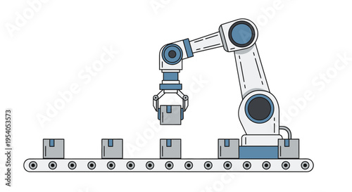 Robotic Arm Automating Box Handling on Conveyor Belt with Isolated White Background