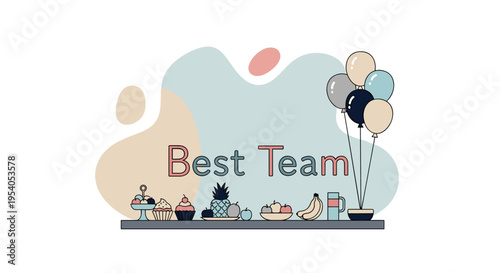 Best team celebration concept office party table with food and balloons employee appreciation vector illustration