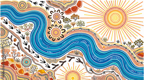 Vibrant Aboriginal dot painting of a wavy river and sunny landscape