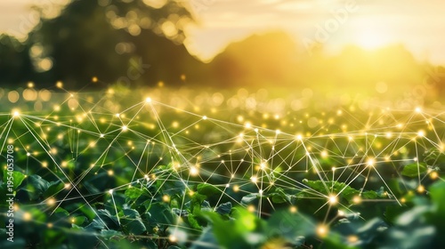 Smart agriculture technology connecting a vibrant green field with golden sunlight and digital network lines for efficient crop growth