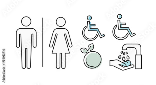 Outline Gender, Accessibility, Eco-Friendly, and Hand Hygiene Icons on Isolated White Background