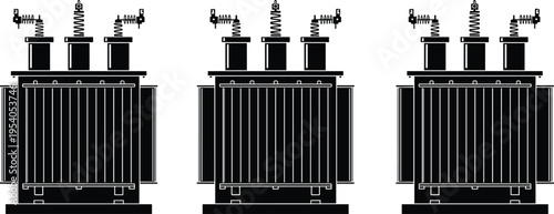 Industrial electrical power transformers with cooling fins and high-voltage bushings for energy distribution, electricity infrastructure, utility grid equipment, and engineering technology systems