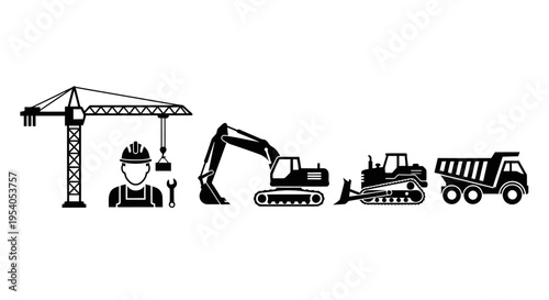 Heavy Construction Equipment and Worker Silhouette Icons on Isolated White Background