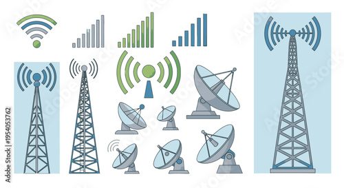Wireless Communication and Network Technology Icons with Signal and Antenna Symbols in Bright Studio