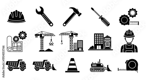 Construction and Industrial Tools with Heavy Machinery Silhouette Icons on Isolated White Background