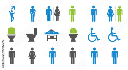 Set of Diverse Restroom and Accessibility Icons for Public Facilities on Isolated White Background