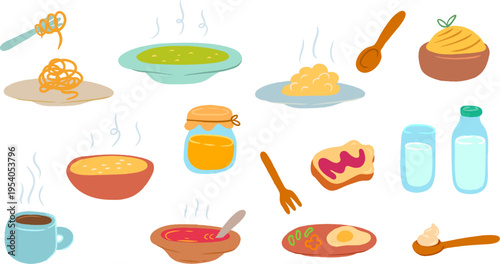 Vibrant collection of flat vector food illustrations for children, including various dishes, drinks, and snacks in simple, friendly style with bright colors.
