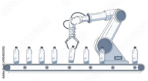 Robotic arm precisely handling plastic bottles on a conveyor belt in an automated bottling and packaging production line, isolated white background.