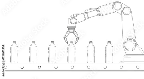 Outline drawing of a robotic arm handling plastic bottles on a conveyor belt in an automated bottling production line, isolated white background.