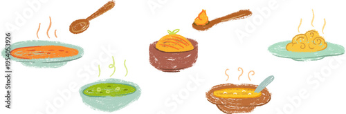 Сollection of hand drawn bowls containing various soups, porridge, and pasta with spoons, featuring textured crayon or naive chalk art style. Childlike illustration for book or game.