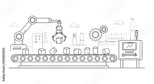 Outline drawing of an automated factory production line with a robotic arm and conveyor belt system, isolated white background.