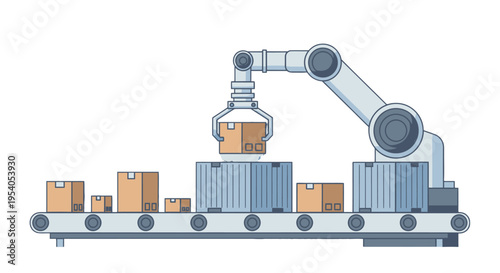 Robotic arm placing cardboard boxes onto a conveyor belt in an automated factory packaging line, isolated white background.