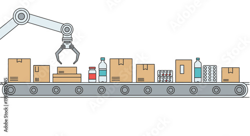 Robotic arm handling various packaged products like boxes, bottles, and blister packs on a conveyor belt in an automated factory line, isolated white background.
