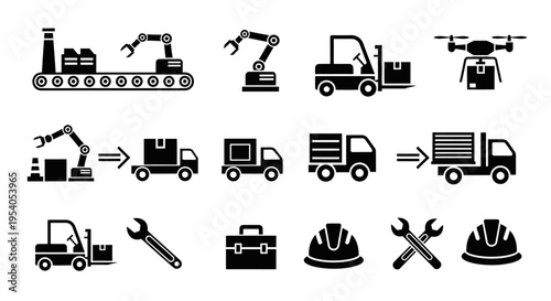Collection of black and white industrial icons depicting manufacturing, logistics, automation, and delivery processes with tools and safety equipment.