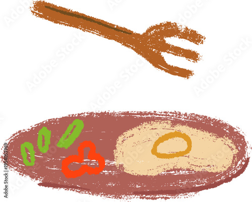 Artistic crayon children illustration of fried egg on plate served with sliced peppers and cucumbers, accompanied by wooden fork.