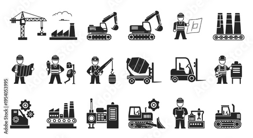 Black and white industrial and construction icons set featuring workers, heavy machinery, factories, and various manufacturing equipment.