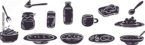 Collection of solid food and kitchenware silhouettes in stencil or stamp style, featuring clean dark shapes of dishes, drinks, and ingredients.