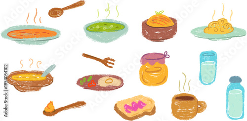 Large set of hand drawn food and drink illustrations with thick crayon and chalk texture, featuring naive artistic style suitable for children project.