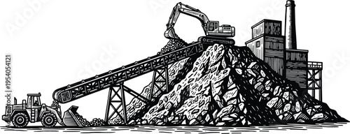 Industrial mining quarry operation with excavator loading conveyor belt, front-end loader moving rocks, and factory smokestack infrastructure showcasing heavy machinery and material extraction process