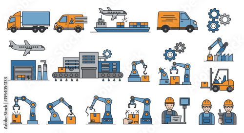 Set of industrial and logistics icons including trucks, airplanes, ships, factories, robotic arms, forklifts, and workers.