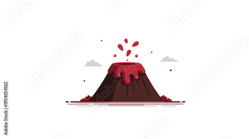 A geometric illustration of an erupting volcano with red lava and stylized clouds