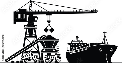 Industrial port illustration showing crane with clamshell bucket, conveyor belt loading system, dump trucks, and cargo ship docked for bulk material handling and maritime shipping operations.
