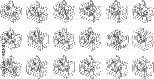 Isometric illustrations of CNC machines in industrial manufacturing grid layout, showcasing detailed 