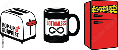 Household appliances set includes a pop-up surprise toaster, a bottomless coffee mug, and a refrigerator marked with freezer.