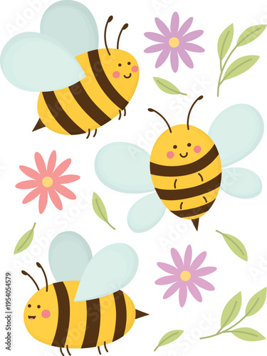Three smiling bees surrounded by pink and purple flowers. Cheerful illustration of cute summer insects
