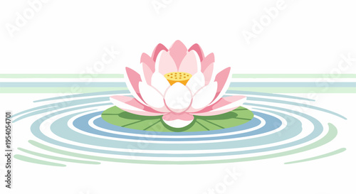 Elegant lotus flower blooming on calm water surface, surrounded by gentle ripples. Pink lotus flower petals encompass bright yellow center, resting on green lily pad.