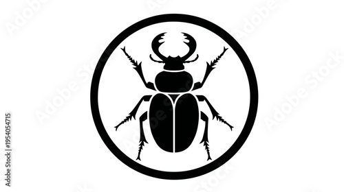 A silhouette of a beetle within a circle. This image is of stark contrast of white and black
