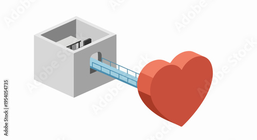 Isometric emotional connection visualization showing abstract structure and red heart. Bridge connects a cube with internal elements to symbolic heart, representing deep emotional connection.