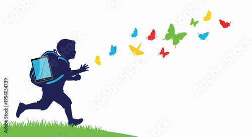 Child education illustration shows boy running, tablet backpack on grass, colorful butterflies. Child education fosters progress, freedom, creativity, representing modern learning concept.