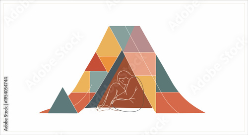 Colorful geometric shelter houses huddling person, representing introspection and safety. Geometric shelter design with vibrant triangles, forming a protective space for quiet contemplation.