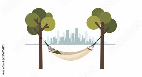 Relaxing hammock cityscape between green trees, comfortable leisure spot. Peaceful hammock cityscape shows urban escape, distant skyline background. Graphic hammock cityscape for lifestyle, travel,