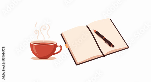 Steaming coffee cup and open notebook present tranquil coffee break. Dark pen waits on blank pages for creative thoughts during productive coffee break. Image inspires study, journaling, planning,
