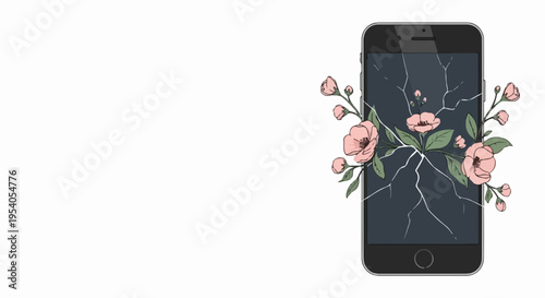 Illustration depicts cracked phone screen, pink flowers, green leaves. Broken display symbolizes fragility, digital detox, nature reclaiming technology, new growth.
