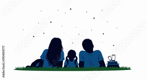 Peaceful family moment parents and child on grass. Serene family moment silhouettes observe starry sky, books and phone. Ideal family moment graphic for education, wellness, connection, leisure.