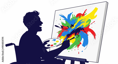 Silhouette of disabled artist in wheelchair painting abstract colorful masterpiece on canvas. Disabled artist expresses creativity with vibrant paint splashes. Concept disabled artist for inclusion,