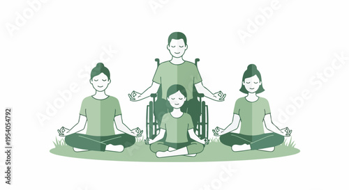 Inclusive family meditation illustration shows adult in wheelchair, child, two women in lotus pose on grass. Family meditation promotes wellness, inner peace, mental health.