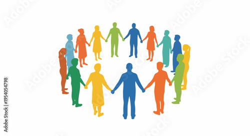 Colorful silhouettes display community unity, forming circle, holding hands. Figures represent strong community unity, showcasing partnership, diversity, inclusion.