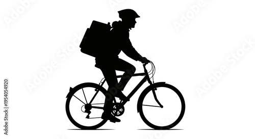 Silhouette of a delivery person riding a bicycle with a large bag