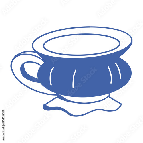Hand-drawn blue teacup mug with wavy base and handle, minimalist outline