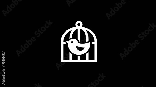 White silhouette of a bird within a cage against a black background. Simple, clean design